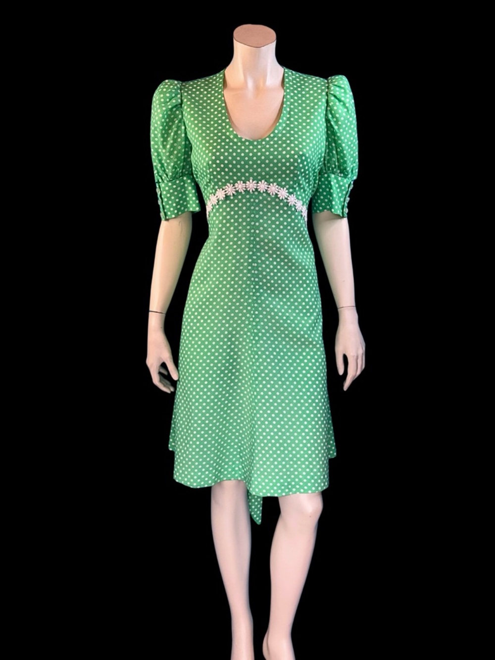 70s Green Polka Dot Baby Doll Dress with White Daisy trim / S M - Picture 9 of 10
